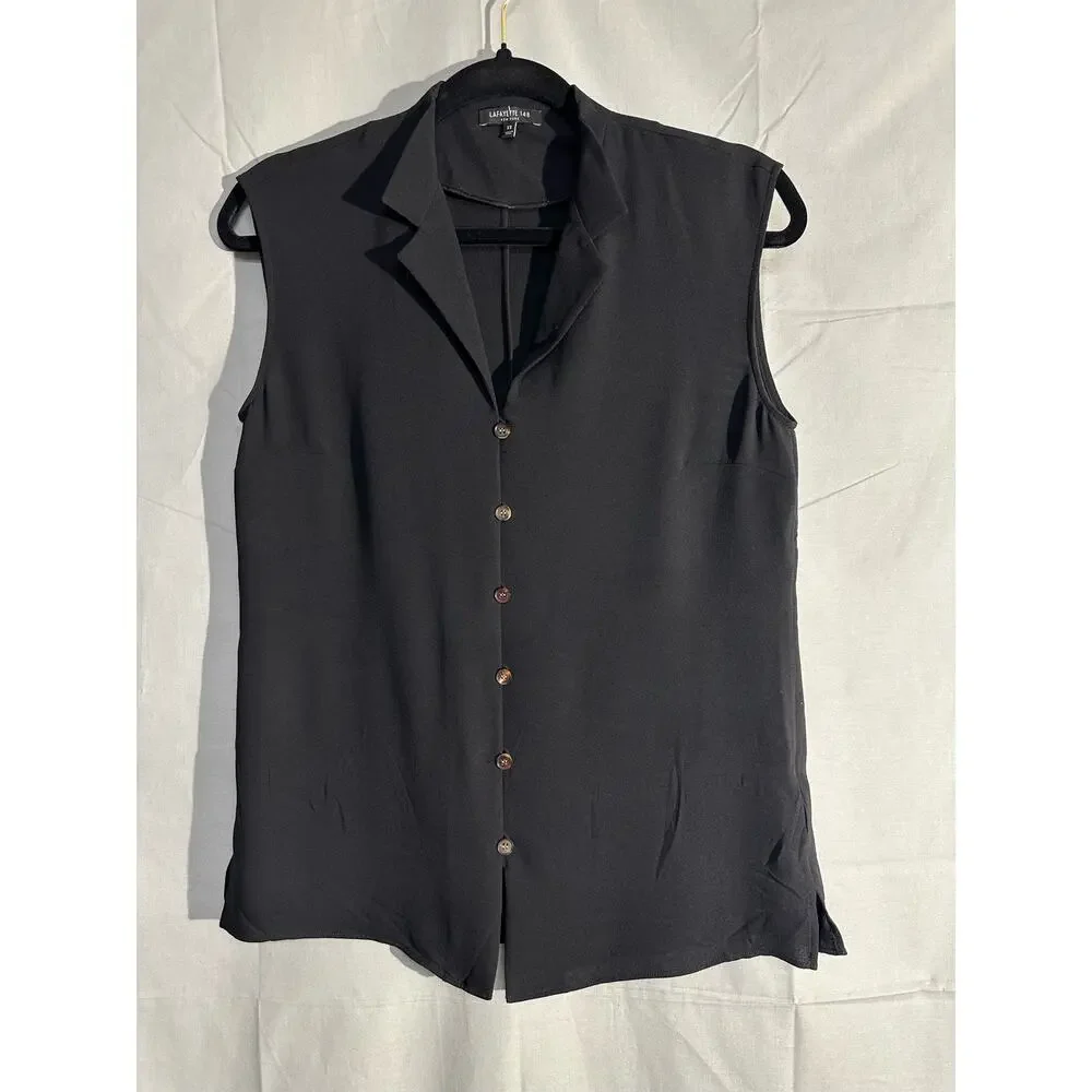 Lafayette 148 Top Womens XS Black Silk Button Capsule Minimalist Sleeveless - Picture 5 of 8